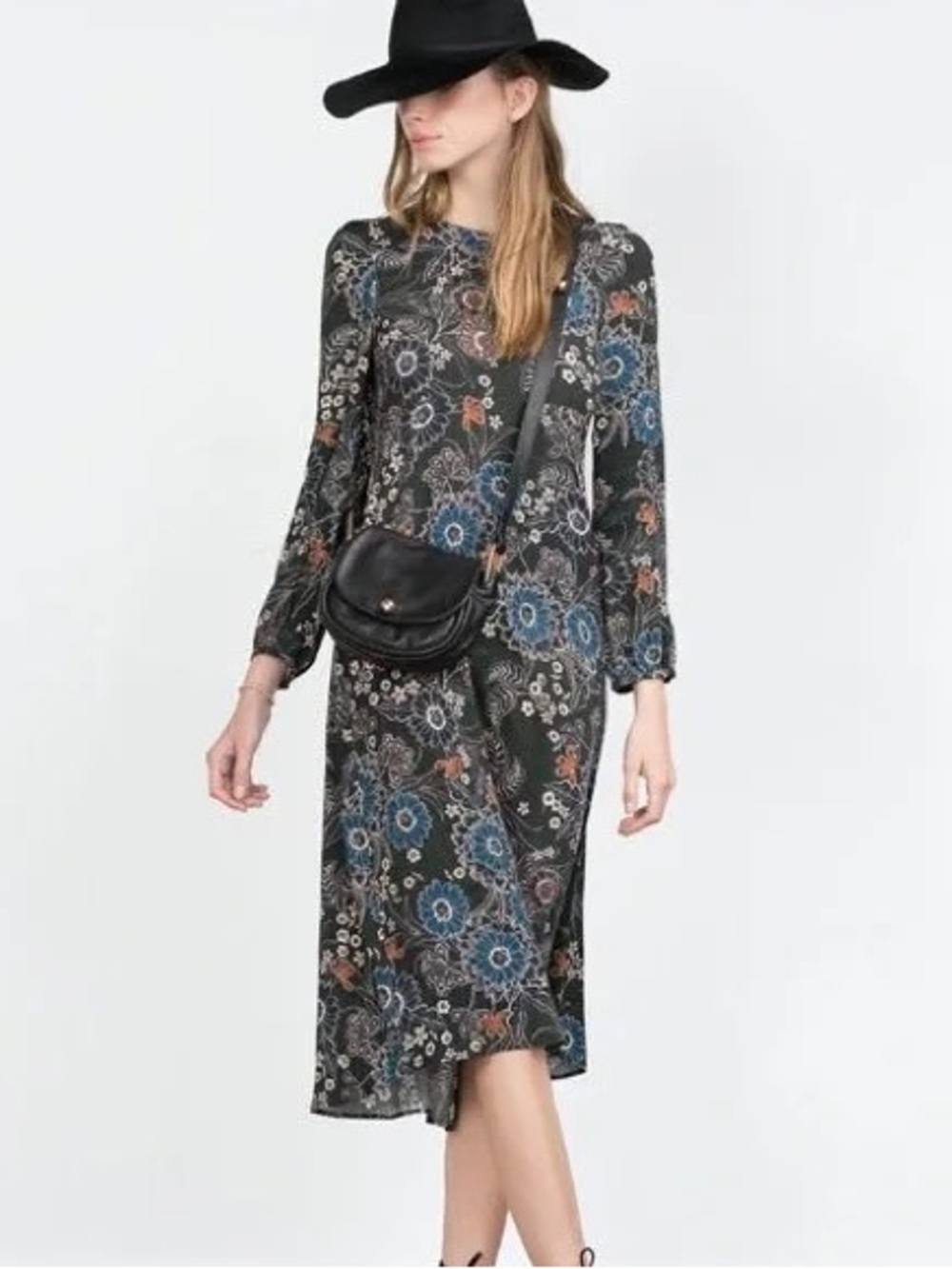 Zara Dark Green Floral Long-Sleeve Midi Dress with Blue and Rust Accents - Picture 2 of 7